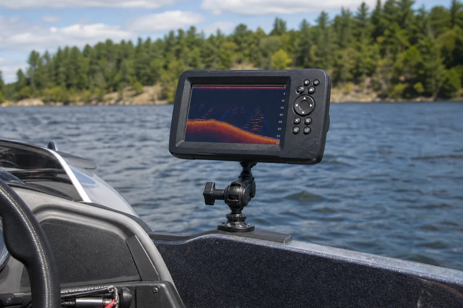Fish finder display mounted on a boat gunwale using a ball-and-socket arm mount