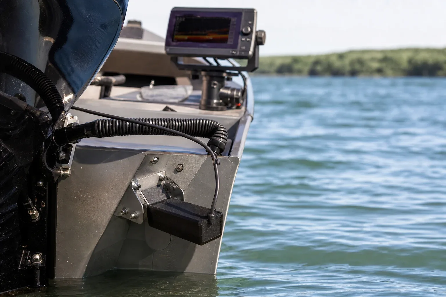 Transducer mounted on a boat transom with its cable running to the fish finder display