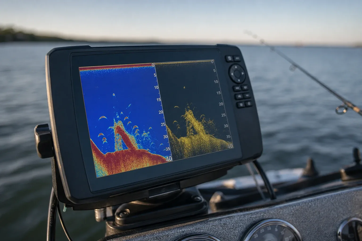 GPS fish finder screen showing bottom structure and fish while in use on a boat