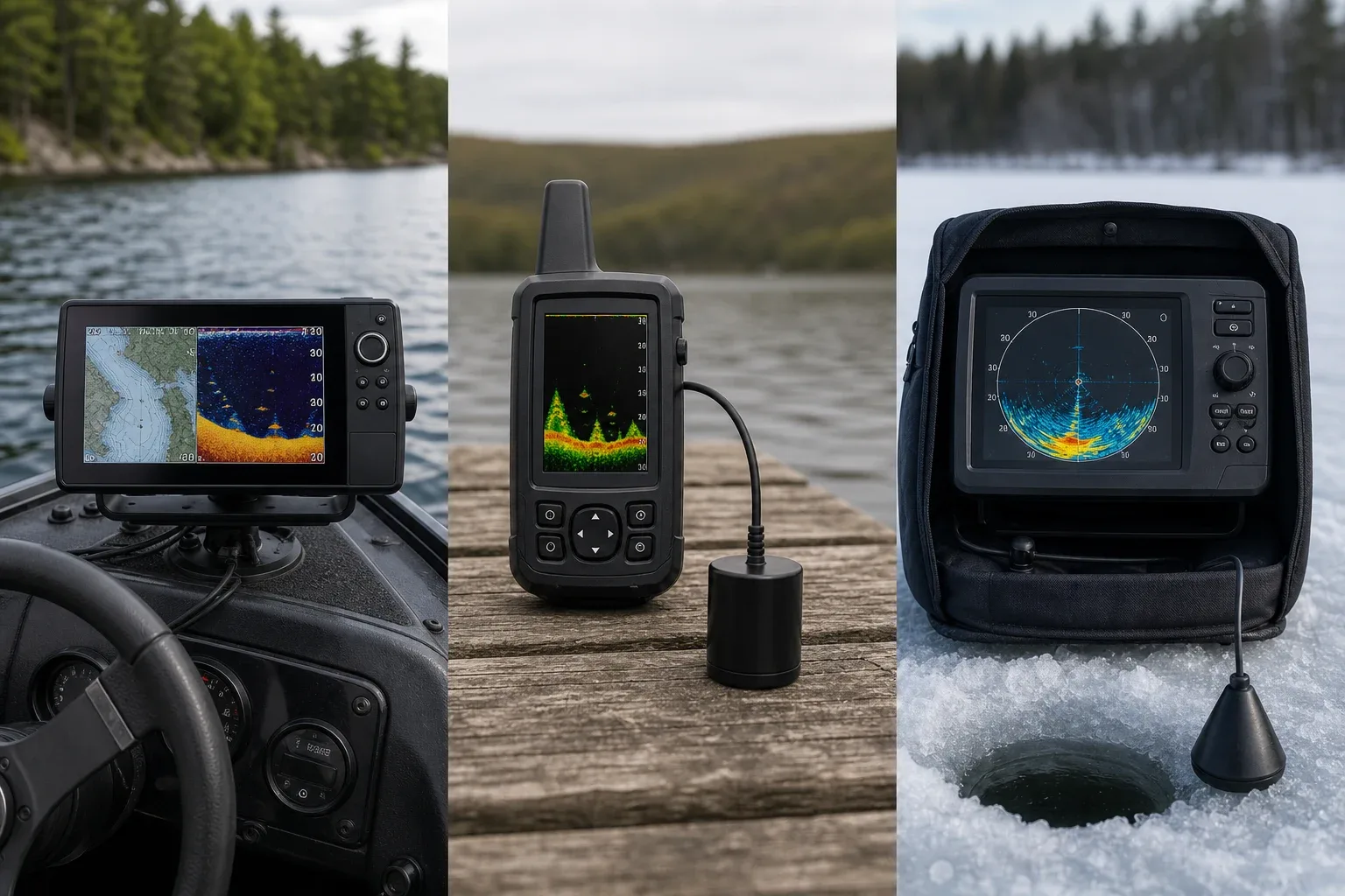Three types of fish finders side by side: a boat GPS combo, a portable castable unit, and an ice fishing flasher