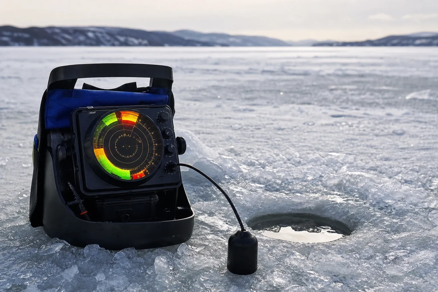 Ice fishing flasher display set up next to a hole in the ice with its circular dial lit up